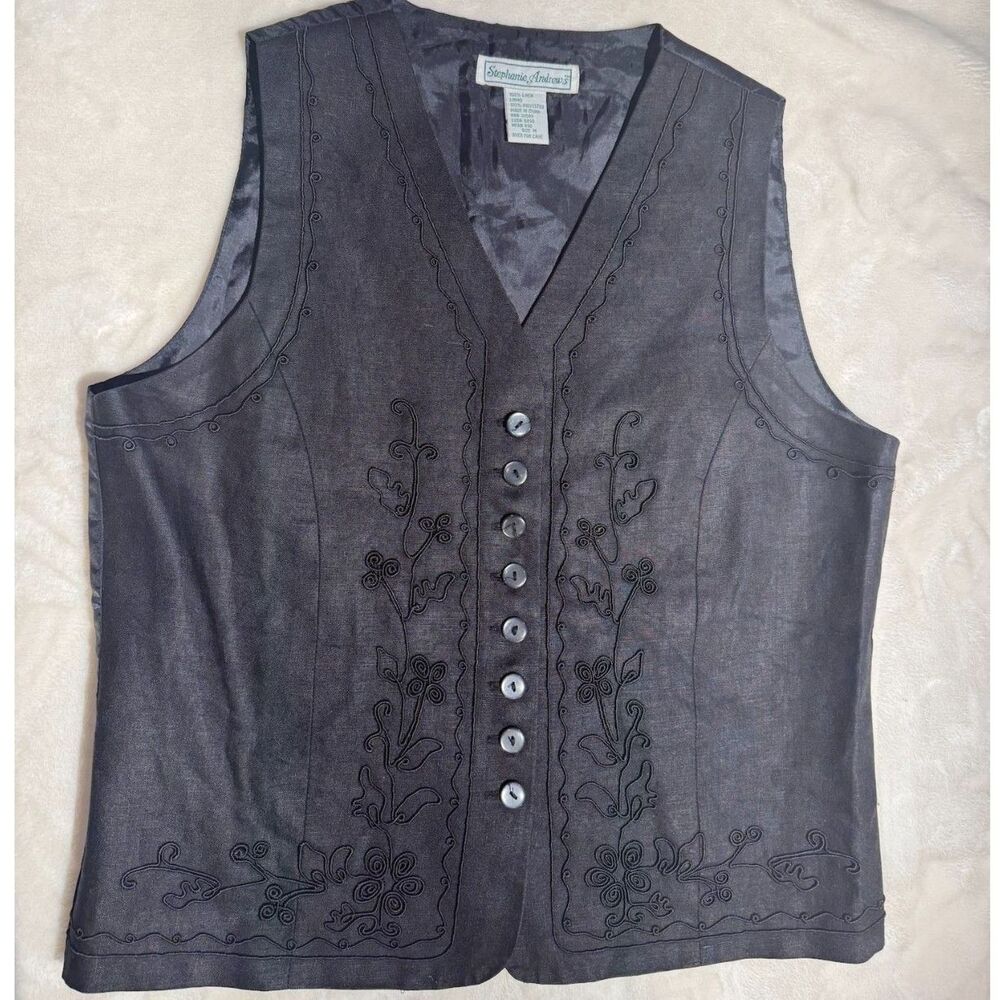 90s Stephanie Andrews Black Linen Embroidered Vest M Whimsigoth